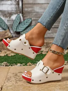 Women's Summer New Fashion Rivet Rubber Peep Toe Sandals, Large Size Wedge Flip Flops, Trendy Ladies' Open Toe Slippers, Daily Wear Sandals, Comfortable & Stylish Footwear