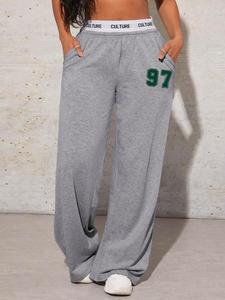 women's letter print high waist wideleg sweatpants, casual y2k pocket wide leg tape waist trousers for daily wear, ladies bottoms for all seasons