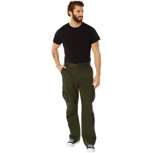 Olive Drab - Military Vintage Fatigue Pants with Woodland Camouflage Army Rigid Accent