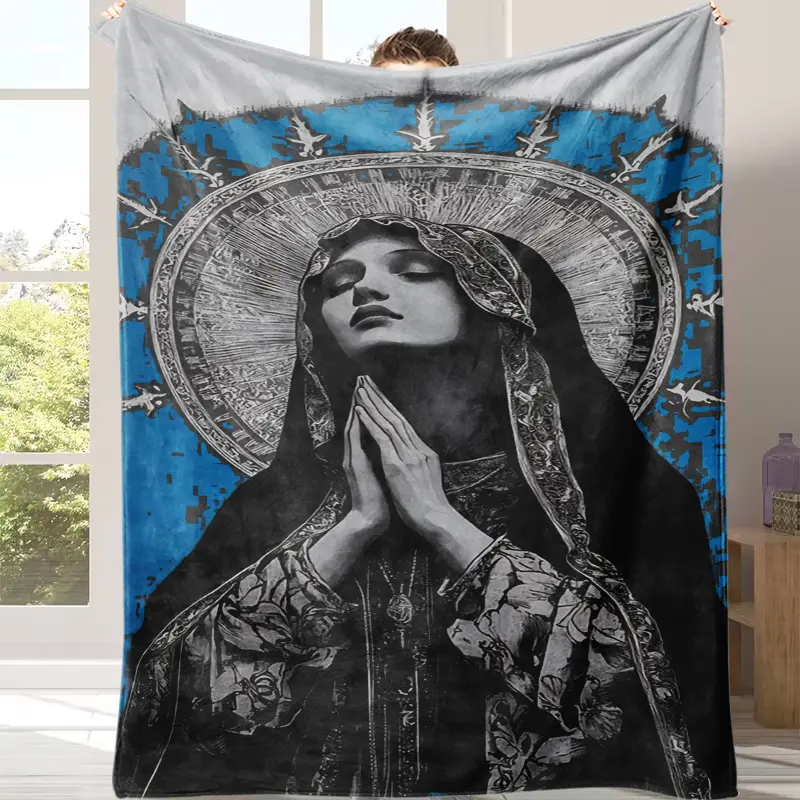 Vintage Praying Virgin Mary Our Lady Flannel Blanket, Catholic Religious Faith Plush Throw Blanket, Soft Warm Cozy Lightweight Spiritual Home Decor Blanket for Bed Sofa Couch, Devotional Gift for Mom Women Family Mother’s Day Christmas Holiday Present