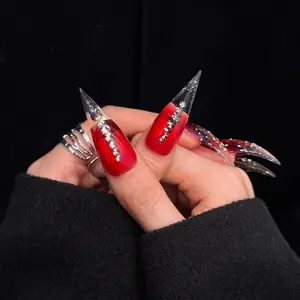 Handmade Blood Color Dragon Claw Nail Tips, Rhinestone Design, Medium Length, Gothic Style, Single Item, No Ca Prop 65