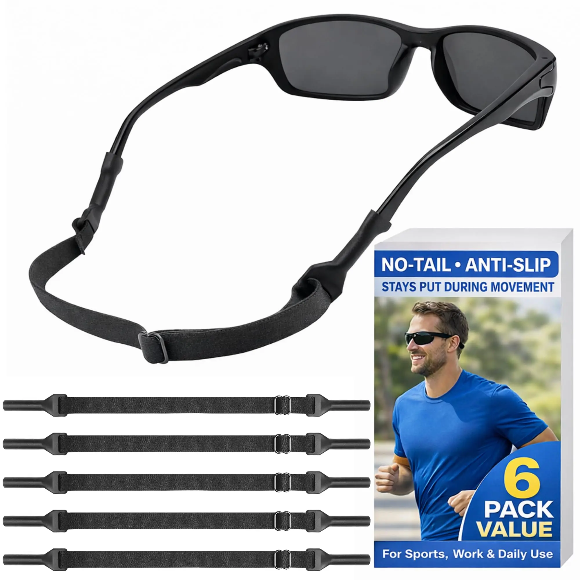 No-Tail Glasses Strap 6 Pack, Adjustable Eyeglasses & Sunglasses Strap