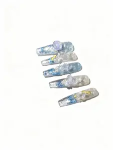 Ocean Bubble Shimmer Gradient Press On Nails Reusable Premium Short Coffin Nails Dreamy Nail Art Decorations Glitter Rhinestone Halloween Skeleton Square Blue Nail Dragon Claw Beauty Sheet nail