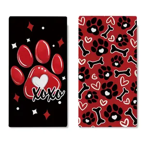 Valentines Day Dog Paw Prints Kitchen Dish Towels Set of 2, Red Black Love Heart Bone Drying Hand Towel Baking Cooking Cloth, Anniversary Wedding Bathroom Home Decoration 18'' x 26''