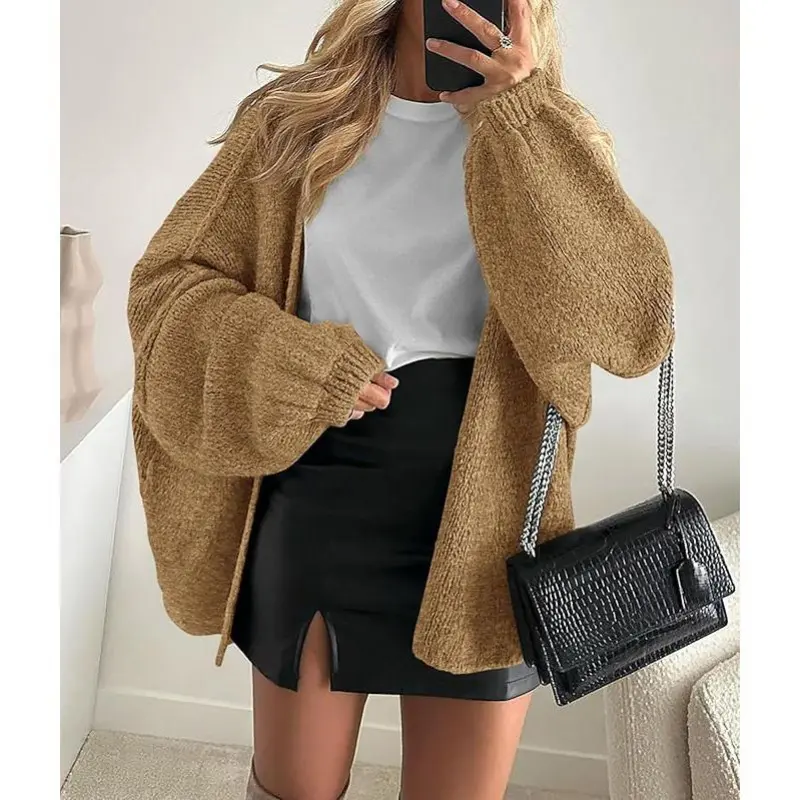 Open Front Oversized Cardigan Sweater - Women’s Fall Long Lantern Sleeve Knitwear