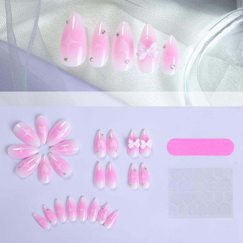 Pink Gradient Almond Press-On Nails with Blush Bow & Star Rhinestones Glossy Stick-On Acrylic False Nails for Women Girls DIY Manicure Easter Birthday Gifts