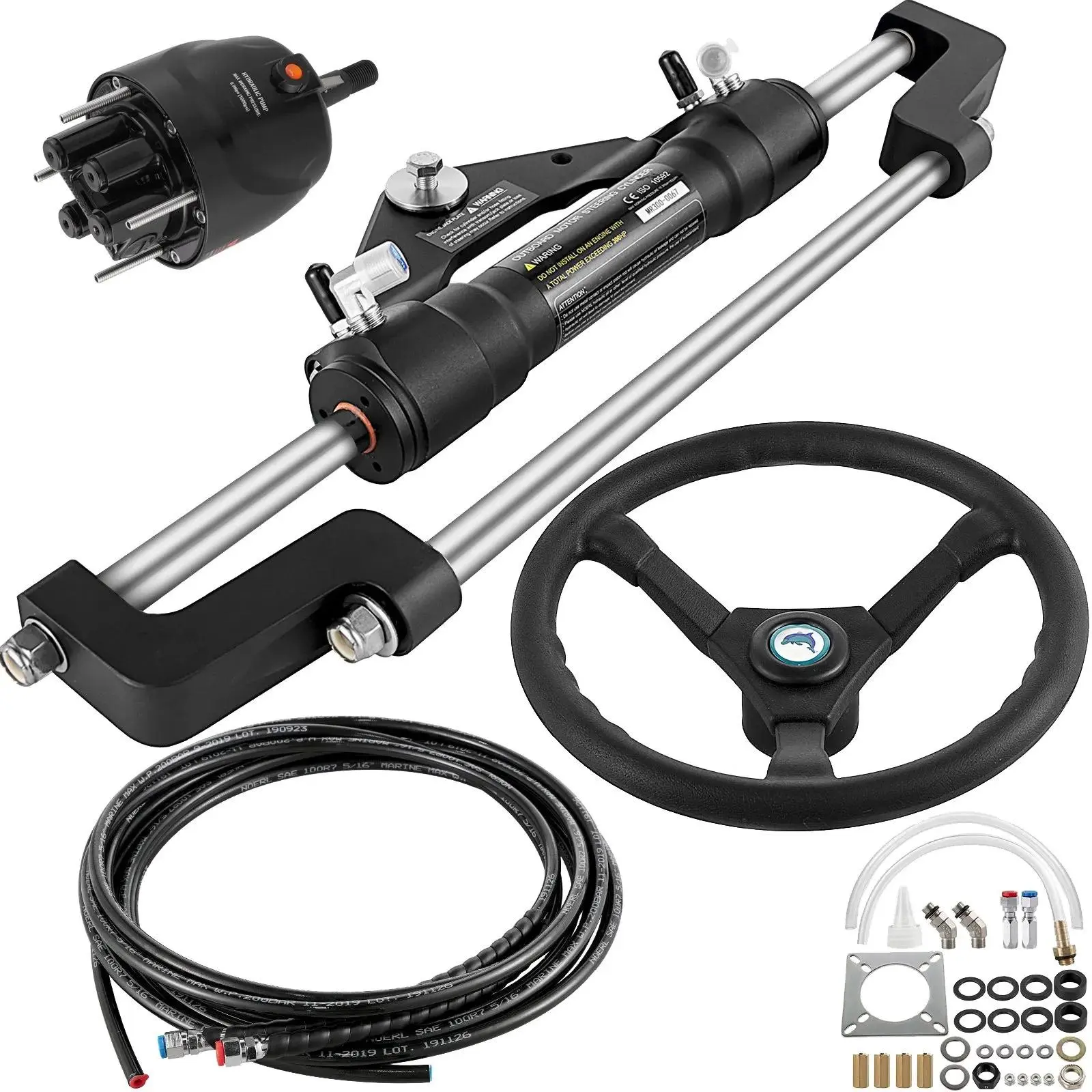 【Summerfinds】VEVOR Hydraulic Boat Steering Kit,  300HP Hydraulic Steering Kit Helm Pump, Cylinder, Wheel, 18 Feet Hose Hydraulic Steering Seal Kit, Corrosion-Resistant Boat Steering System Marine Steering Kit