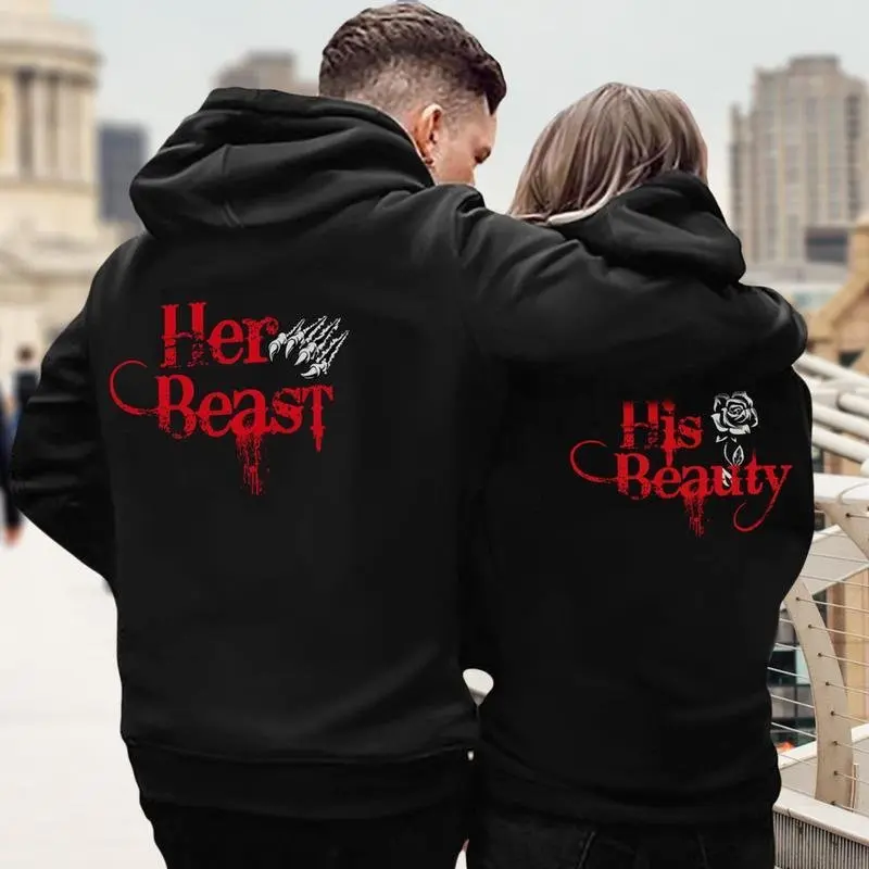 Her Beast His Beauty Couple Hoodies, Beauty And Beast Rose Hoodie, Couple Hoodie Gift For Valentines