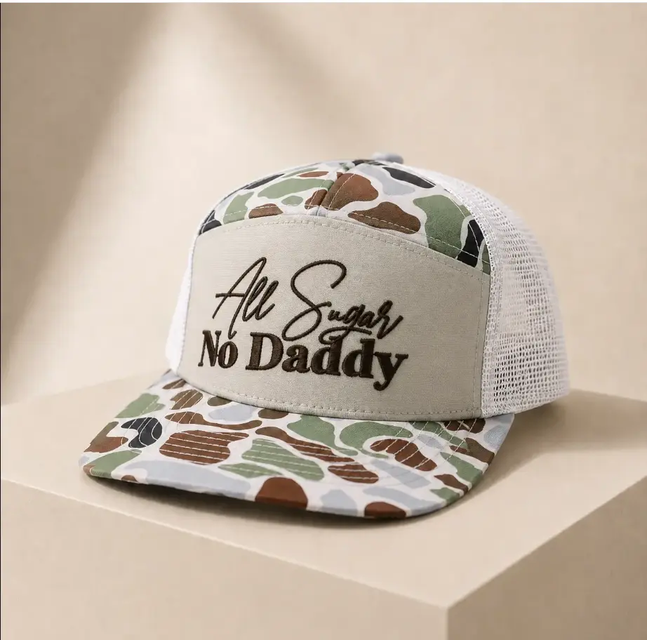 All Sugar No Daddy Embroidered Camo Trucker Hat – Funny Mesh Snapback Cap, Adjustable Vintage Outdoor Baseball Hat for Men & Women