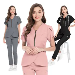 V-Neck Scrub Set - Solid Color Hygienic Workwear with Pockets for Women