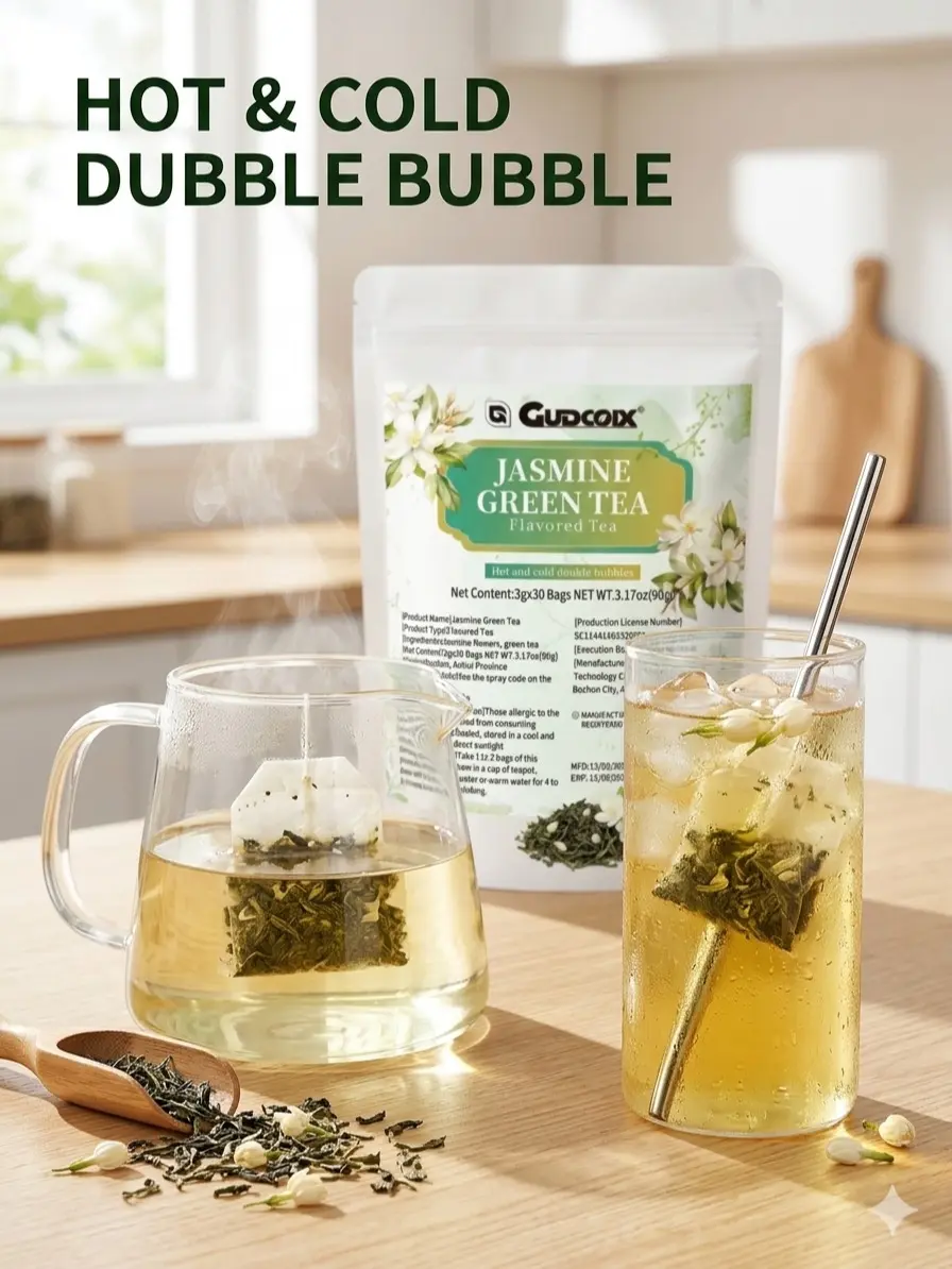 GUDCOIX Jasmine Green Tea 30 Count – 90g Flavored Tea Bags – Premium Green Tea with Jasmine Flowers – Double Bubble for Hot & Cold Brew – Resealable Storage – 18-Month Shelf Life