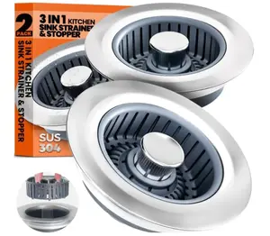 Sink Drain Strainer - Sink Stopper, 3-in-1 Kitchen Stainless Steel Drain Plug with Anti-Clog Basket, Pop-Up Cover Fits Standard 3-1/2” Openings for Double Bowl Kitchen Sinks