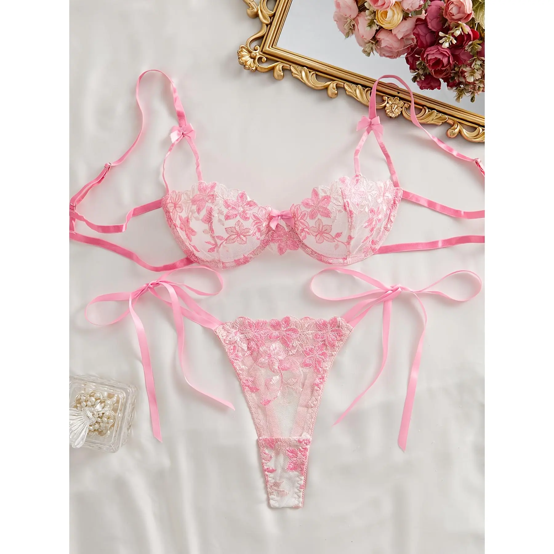 Floral Lace Embroidery Mesh Bralettes and Panties Set, Sexy Floral Lingerie, Sheer Knit Fabric, with Tie Details for Women