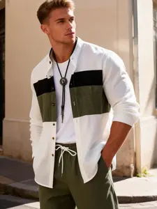 Men's White & Green Color Block 2-Piece Loungewear Set - Stand Collar Long-Sleeve Shirt + Drawstring Waist Pants, Lightweight Breathable Fabric, Relaxed Minimalist Style, Perfect for At-Home Lounging, Lazy Weekends & Casual Evenings