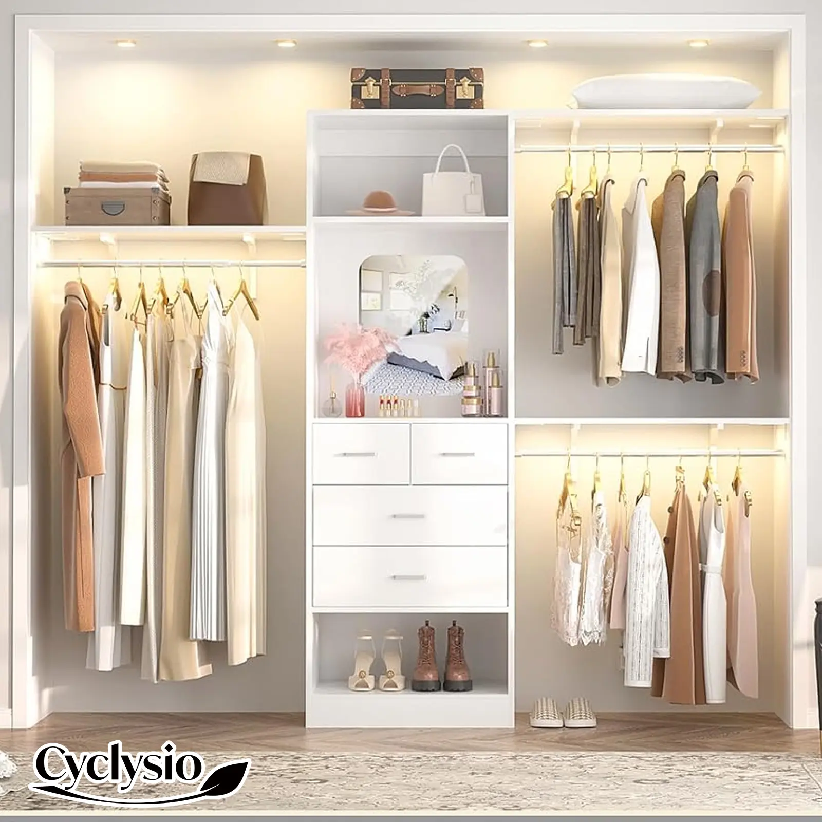 Cyclysio 96" White Oak Waterproof Walk-In Closet System - 8FT Sturdy Engineered Wood Extendable Frame Wardrobe, 3 Hanging Rods, Adjustable Cut-to-Fit Shelves, 4 Drawers, Mirror, 96Wx16Dx80H in, 1000LBS Max Load for Furniture Closet Organization, 96" Wide,