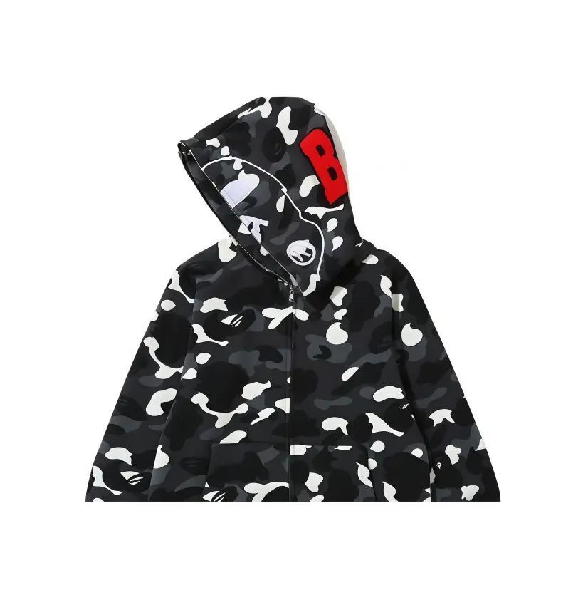 Stylish black white camouflage shark hooded jacket, classic streetwear piece for hanging out with friends and weekend trips.