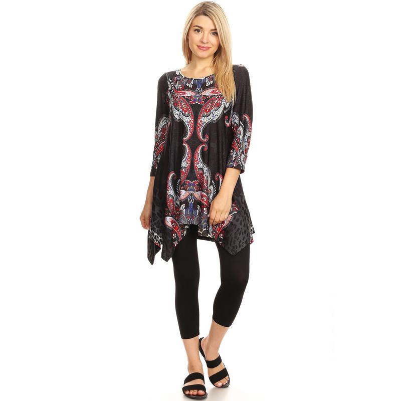 White Mark Women's Quarter Sleeve Paisley Print Tunic Top Extended Sizes Casual Blouse Womenswear