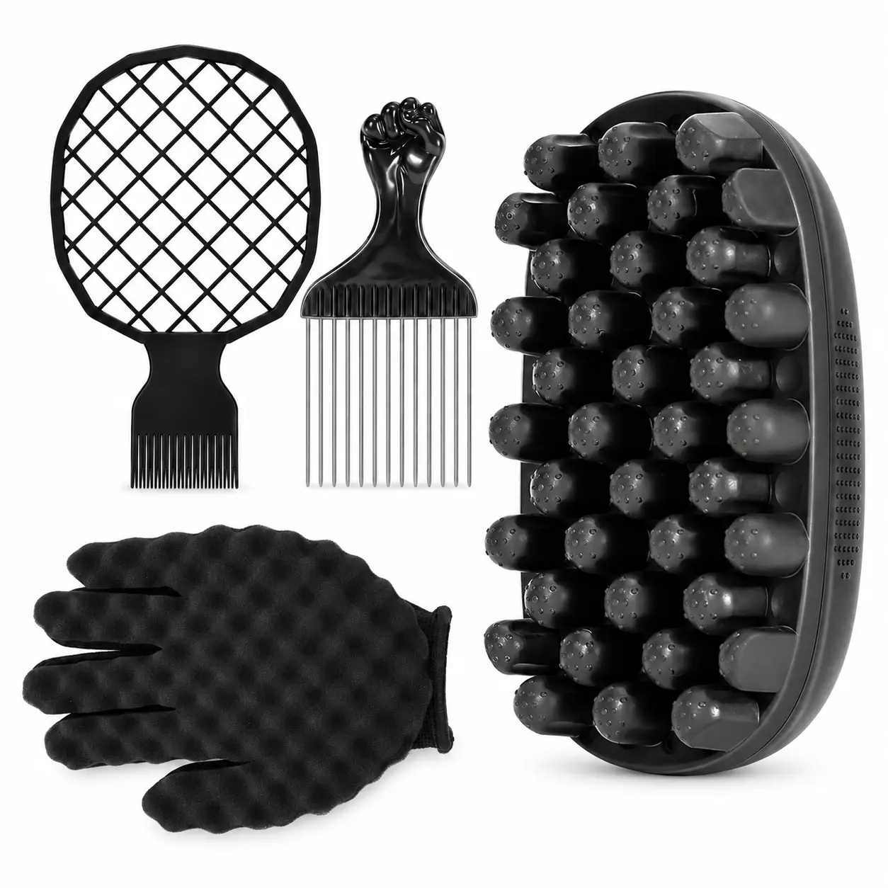 4-Piece Curl Twist Styling Kit with Textured Curl Tool, Twist Grid Comb, Metal Afro Pick and Black Glove