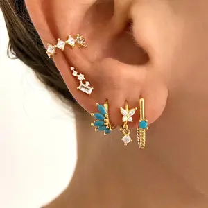 Ins Style Color Zircon All-match Earrings Symmetrical Horse Eye Stone Gold Plated Copper Wave Shape European American Fashion Jewelry for Women