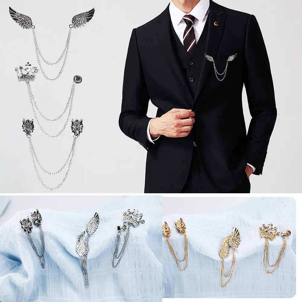 6-Piece Decorative Metal Clips Set - Crown Hanging Chain Brooch Lapel Accent for Suit, Tuxedo, Wedding Breastpin Accessories