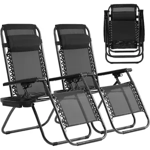 Set of 2 Zero Gravity Recliner Chairs, Folding Outdoor Lounge Chairs with Pillow, Cup Holder Tray, Adjustable Back, for Patio, Pool, Beach, Black