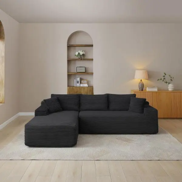 summerwins Minimalist L-Shaped Convertible Modular Cloud Couch - Corduroy Upholstered, Memory Sponge, Polyurethane Foam, Movable Storage, Oversized Plush Chaise, Vacuum Compression Packaging, Eco-Friendly 2-Piece Furniture for Small Space Living Rooms, L