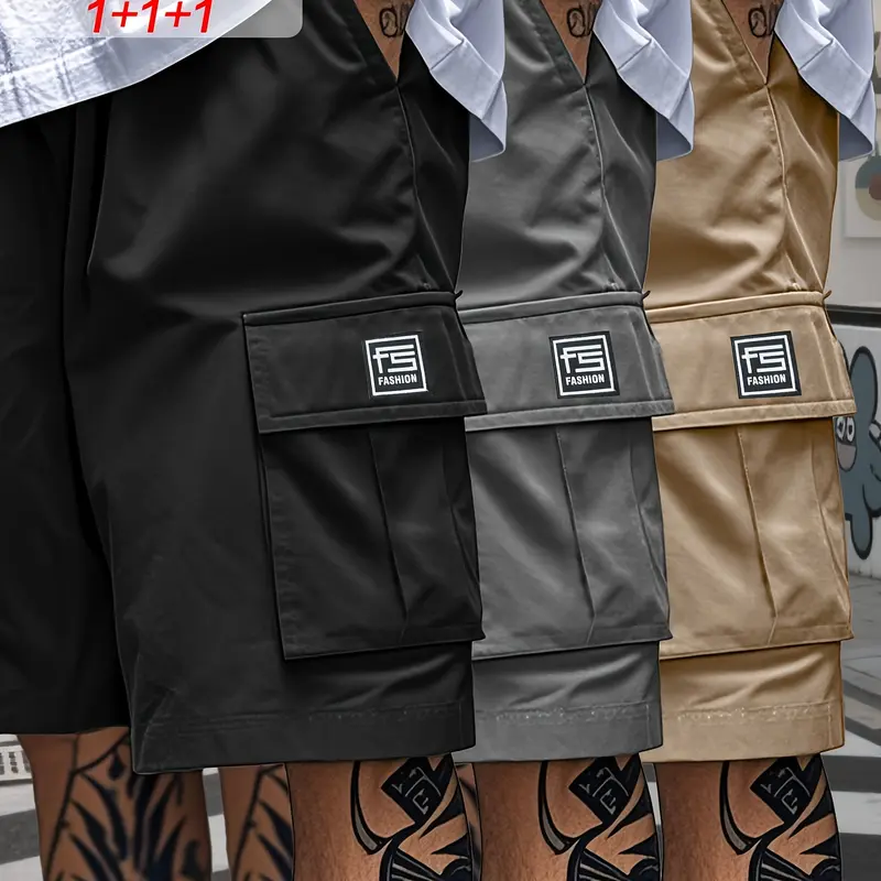 Men's 3-Pack Cargo Shorts - Loose Relaxed Fit, No Stretch, Solid Color, Multi-Pocket Utility Menswear Shorts - Ideal for Summer Work, Casual Wear, Pocket Men's Shorts