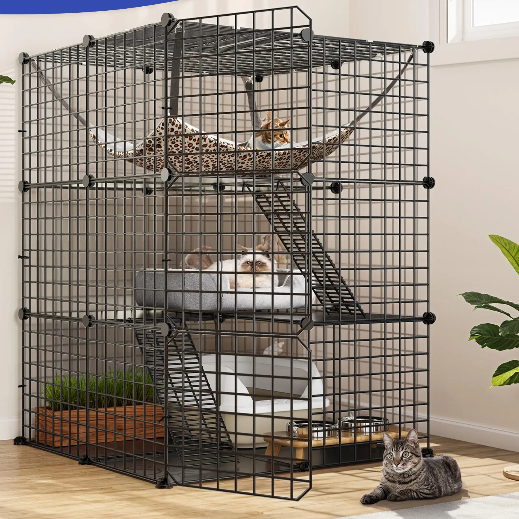 DWVO Cat Cage Indoor Catio DIY Cat Enclosures Metal Cat Playpen 2/3/4-Tiers Kennels Pet Crate with Extra Large Hammock for Cats, Rabbit