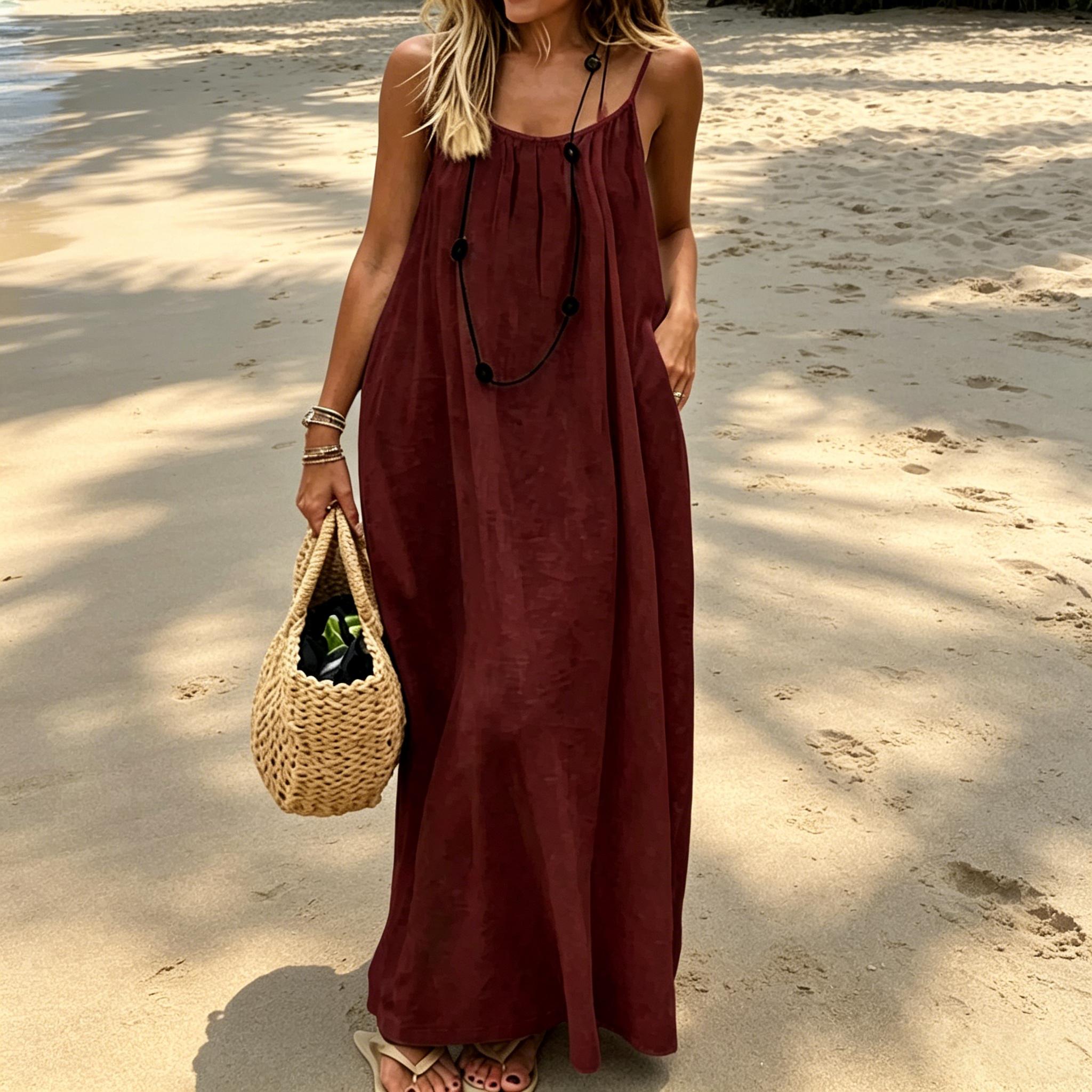 S-2XL Women's Solid Color Cami Lounge Dress, Elegant Sleeveless Sleepwear Dress for Summer, Ladies Sleepwear for Indoor Wear