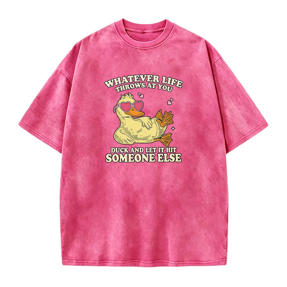Women's "Whatever Life Throws At You" Duck Graphic Print T-Shirt - Soft Smooth Seamless Solid Cotton, Sarcastic Humorous Casual Wear Top, Baggy Loose-Fit Round Neck, Duck Lover Gift