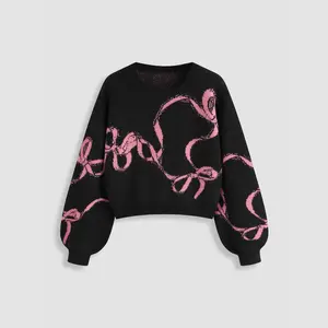 Cider [4 colors, size 0-26] Knitted Bowknot Graphic Oversized Sweater