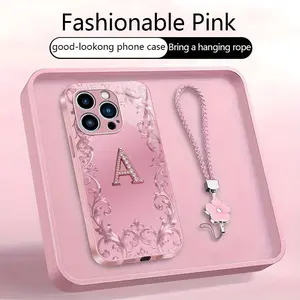Suitable for [iPhone 15 Pro Max] high-end women's phone case🥰，free four-leaf clover lanyard included—choose any one of the 26 letters. Drop-resistant and fingerprint-proof. YM99