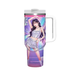 40oz Handle Insulated Tumbler Cup, 2026 new kpop girl rumi 4 Print Stainless Steel Vacuum Travel Mug, Leakproof Flip Lid Large Capacity Cold Water Flask, Portable Drinkware for Car Gym School Gift for