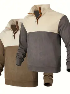 A 2-piece men's retro button-up stand-up collar long-sleeved knitted sweatshirt with elastic hem and threaded stitching, suitable for daily, vacation and outdoor wear, sporty, casual stand-up collar top, Lightweight Knit Pullover