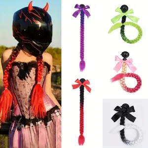 2Pcs  Gradient Suction‑Cup Helmet Braids, Decorative Bow Ponytail Hair Extensions, Trendy Motorcycle Biker Helmet Accessory for Girl Riders (Helmet Not Included)