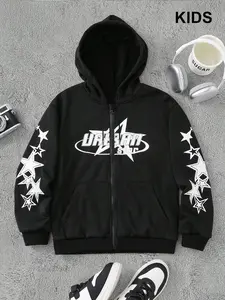Kids ‘Urban Star’ Graphic Zip-Up Core Hoodie — Hot-Selling Streetwear! Bold Star Accents + Logo Print, Black Base & Comfort Fit For Kids’ Casual Style. Trendy Statement Outerwear.