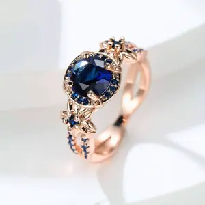 Vanel 1 piece rose gold ring classic flower design with blue Cz stone, engagement jewelry ring, wedding party, date, gift for women, Mother's day