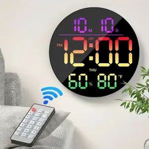 10 in Multifunctional Alarm Clock, ABS Classic Round LED Digital Wall Clock with Timer, Seconds, Temperature, Date, DST, Nightlight, RGB Color, 5-Level Display Brightness Dimmer for Classroom, Bedroom