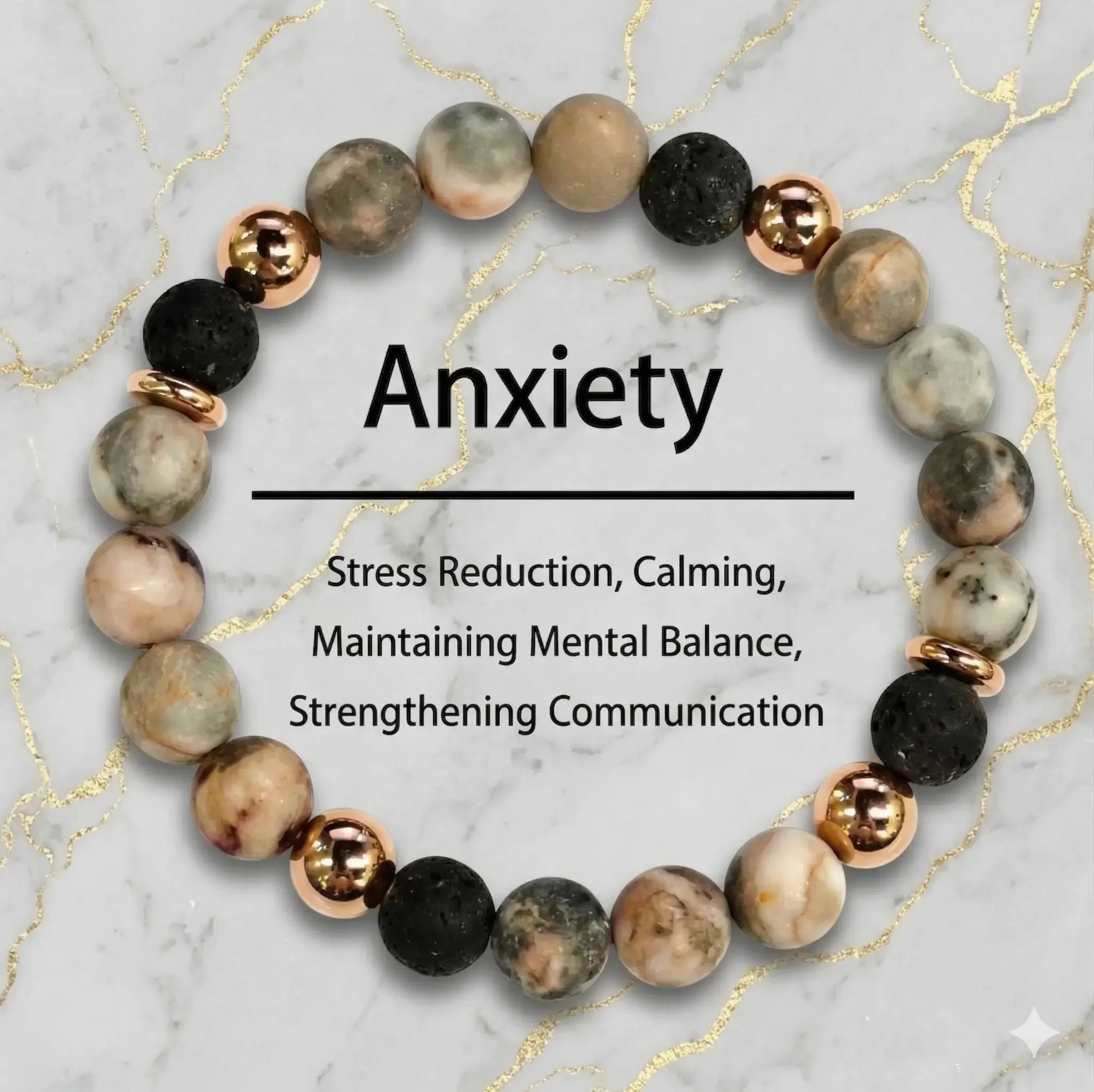 kroafa Unisex Bohemian Matte & Volcanic Stone Beaded Bangle, Rose Gold Accents Pull-On Bracelet, All Seasons Elegant Daily Calming Stress-Relief 1-Piece Fashion Costume Jewelry