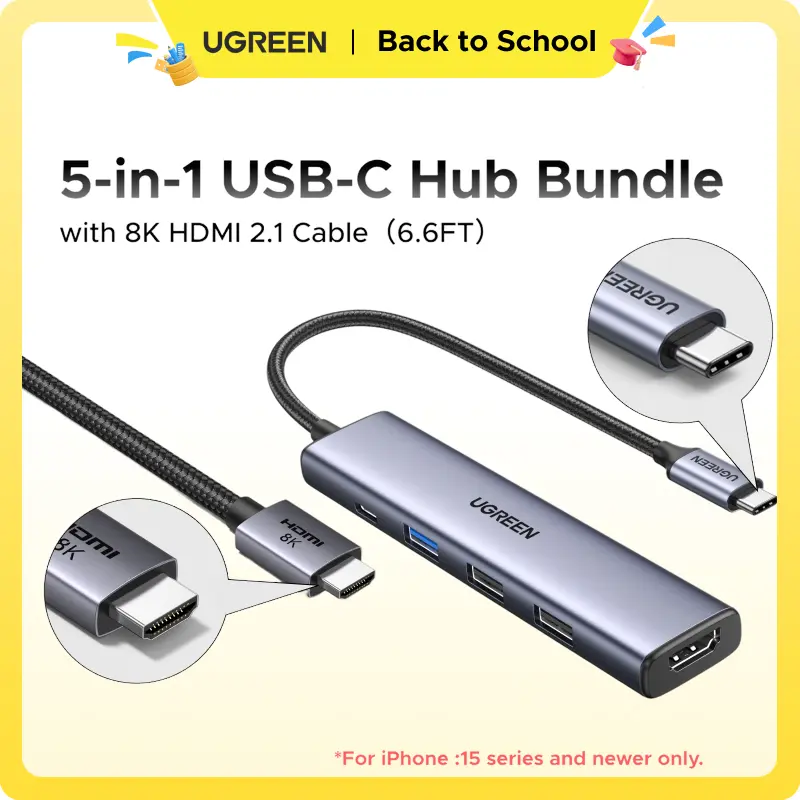 UGREEN USB C Hub 5 in 1 Multiport Adapter（HDMI Cable Not Included) Revodok 105 4K HDMI, 100W Power Delivery, 3 USB-A Data Ports, USB C Dongle for MacBook Pro/Air, iPad Pro, iMac, iPhone 16 Pro/Pro Max, XPS, Thinkpad,Summer Sale tiktokshopbacktoschool