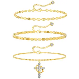 FREEKISS 3 PCS Crown Cross Bracelets For Women Dainty Stackable Bracelets Trendy Sparkling Waterproof Bracelet Set Pack Gifts For Fashion for Valentine's Day