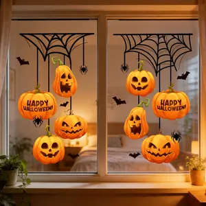 Halloween Glass Window Stickers, 2pcs 45cmx60cm Bat Spider Web Pumpkin Light, PVC Static Adhesive, Bar Restaurant Decor, Removable