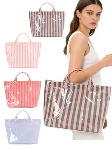 Women's Travel Toiletry Bag, Stylish Striped Tote Handbag for Commuting, Large Capacity Portable Cosmetic Organizer, Lightweight Design for All Seasons, Makeup Organizer Pouch