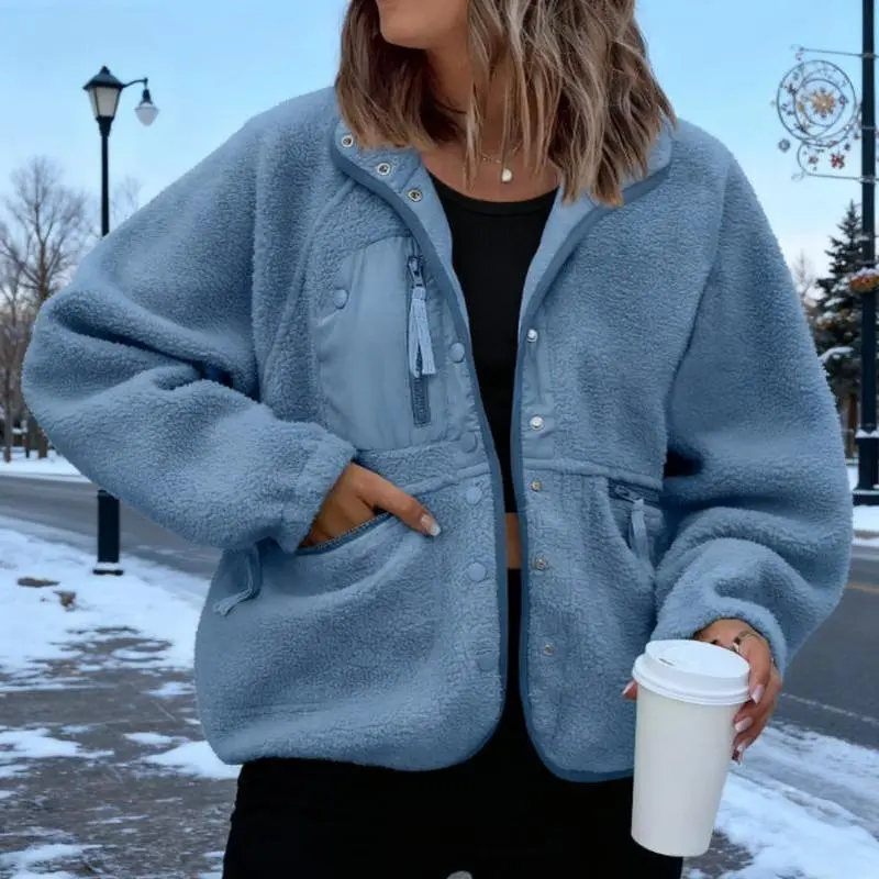 Women's Solid Color Fleece Jacket, Casual Loose Fit Long Sleeve Polyester Sweater with a Stand-Up Collar and Pockets