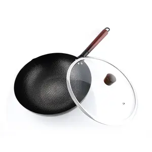 NARITA 32cm Carbon Steel Wok with Lid - Uncoated Hammered Wok for All Stovetops, Induction Compatible