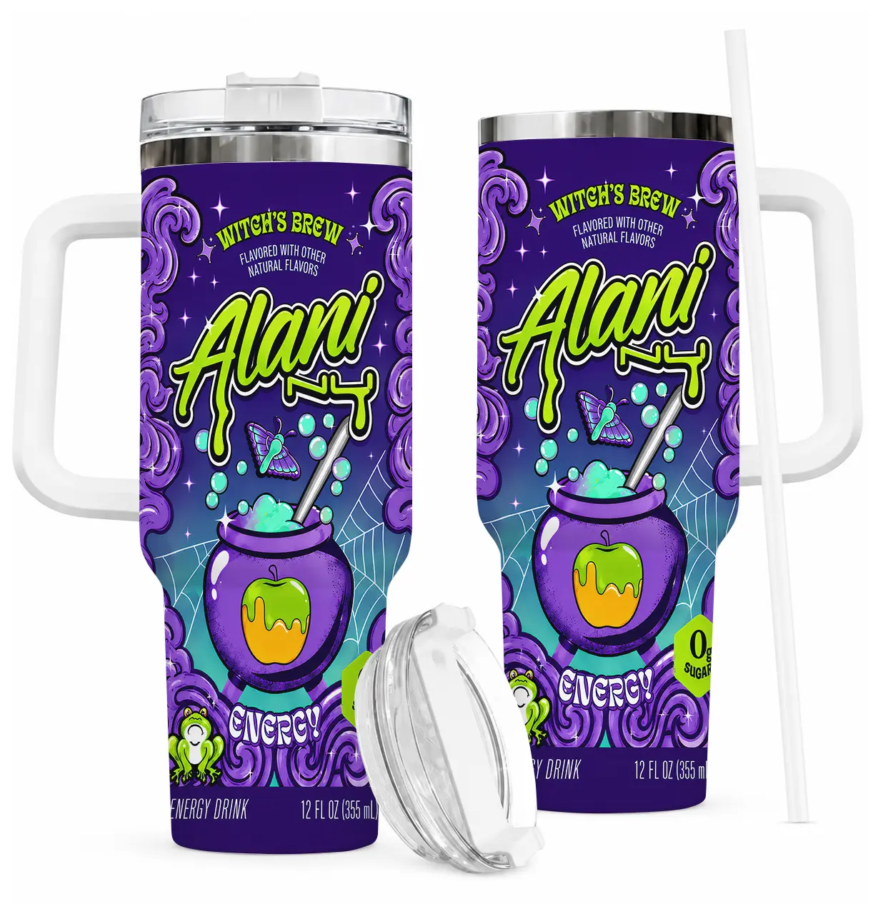 Alani Energy Tumbler with Handle & Straw, Colorful Insulated Travel Cup, Cotton Candy & Watermelon Wave Design