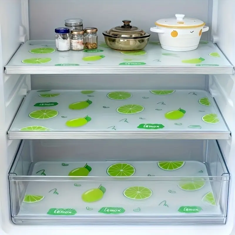 4pcs Set Waterproof Refrigerator Liner - Moisture-Proof, Non-Slip, Washable, Reusable, EVA Material, Lemon Pattern, Suitable for Refrigerator and Kitchen Decoration, Drawer Liner, Cabinet Liner, Kitchen Decorative Placemat
