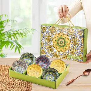 4.52inch Boho Ceramic Fruit Bowl Set of 6, Colorful Porcelain Kitchen Soup Serving Bowls Dessert Bowls Set for Cereal, Soup, Salad, Pasta, Rice, Oatmeal, Ramen, Cereal, Snack