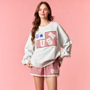 Gingham Check Flag Patches With Eyelet Lace 'USA' Patches on Top Detailed Sweatshirt