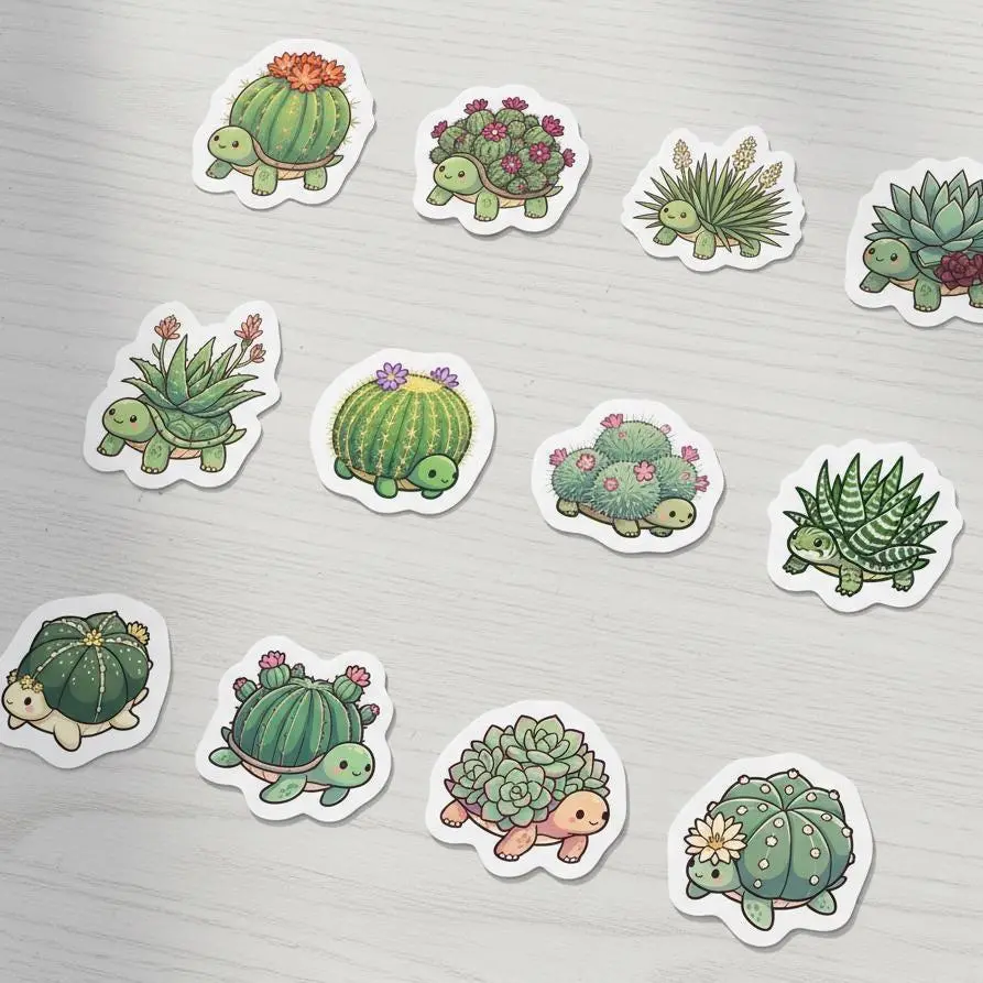 12 Pack Vinyl Sticker Set, Kawaii Cactus Tortoise Hybrid, Pastel Succulent Turtle Art, Desert Plant Decals, Cute Stationery Gift for Her